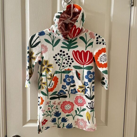 Mini Boden White Floral Swim Dress Cover Up Towelling Terry Hooded Girls SZ 3-4 - Picture 1 of 12